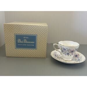 AVON Blue Blossoms Floral Fine Bone China Tea Cup and Saucer England 1974 w/Box